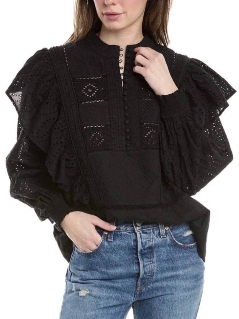 All Saints Aubrey Broderie Blouse Size 12 Black Eyelet